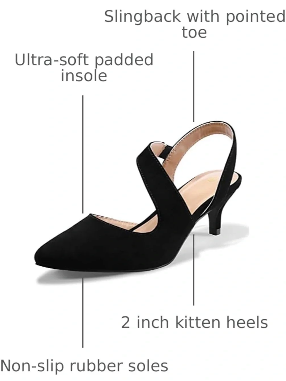 Pointed Toe Slingback Kitten Heels 2” – Faux Suede